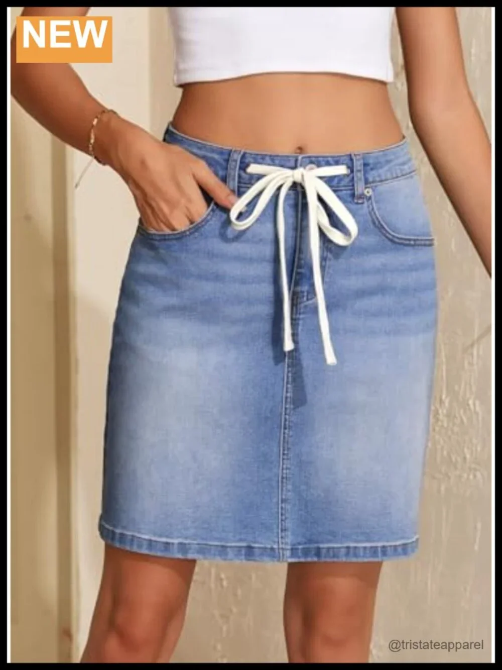 High Waist Drawstring Stretchy Denim Mini Skirt with Pockets
